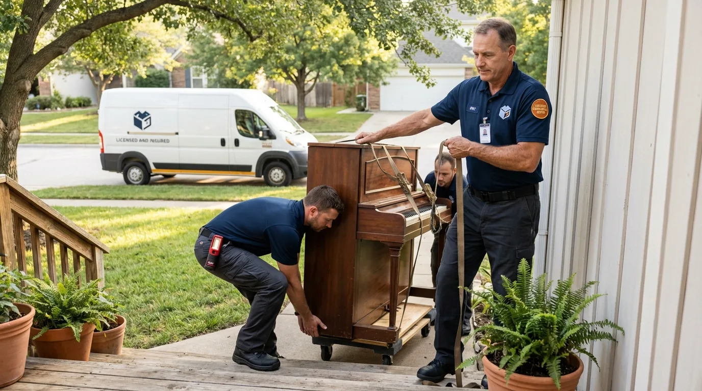 Licensed piano movers securing grand piano in Union City, MI