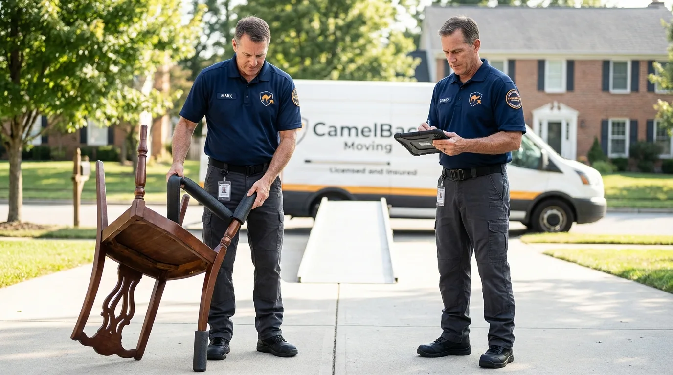 Movers inspecting furniture for damage prevention before loading in Union City, MI