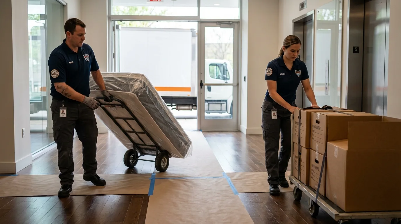 Professional apartment movers loading elevator in Union City, MI