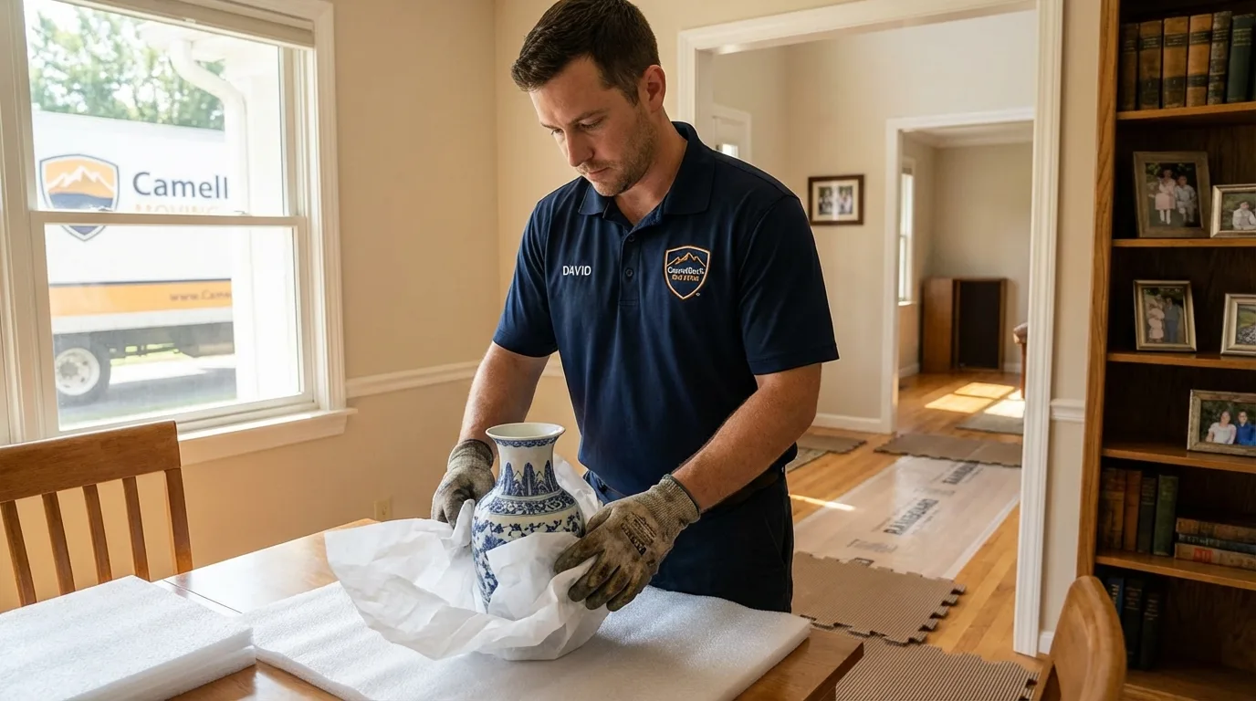 Professional crew carefully wrapping antique vase for senior downsizing move in Union City, MI