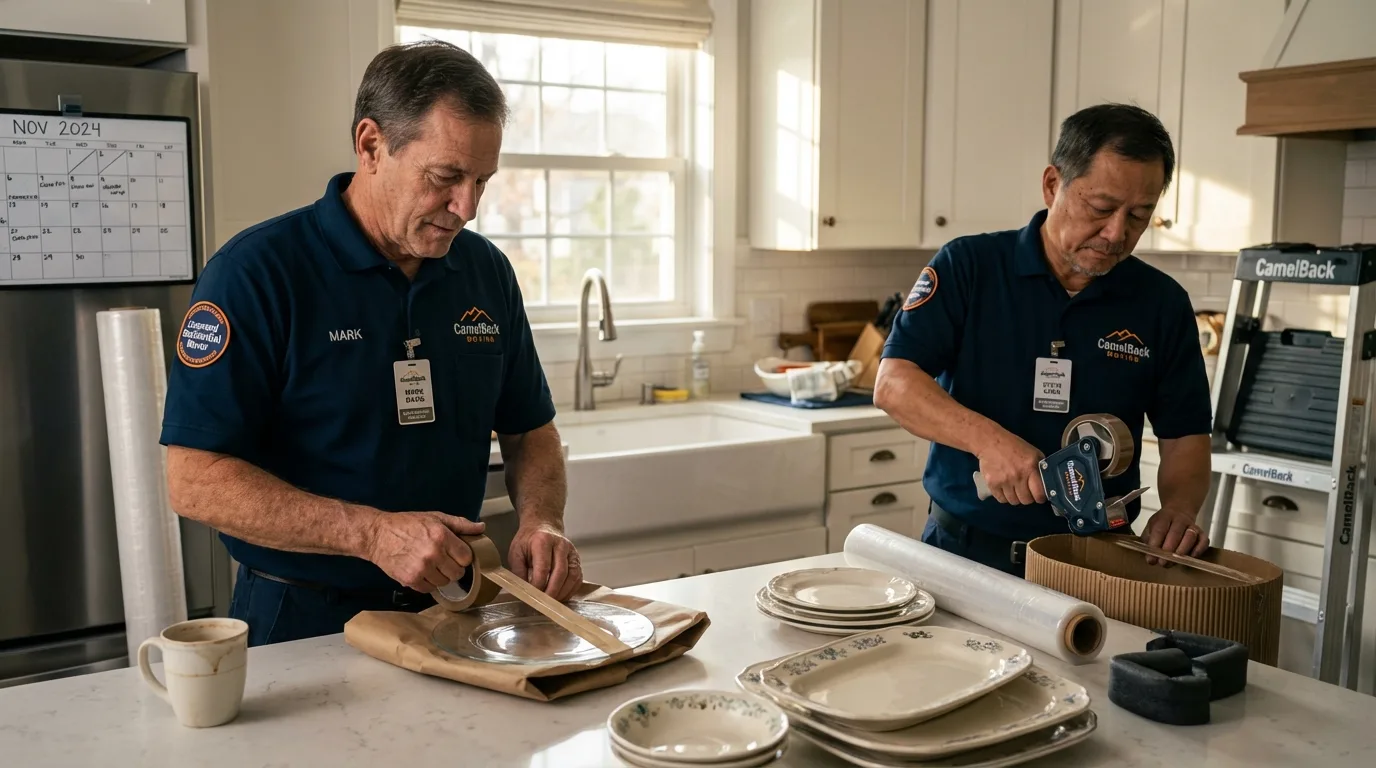 Professional crew packing kitchen dishware in Union City, MI
